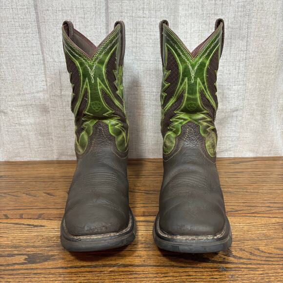 Ariat Workhog Square Toe Western Work Boots Men’s 9.5D Brown/Green Leather - Picture 2 of 8